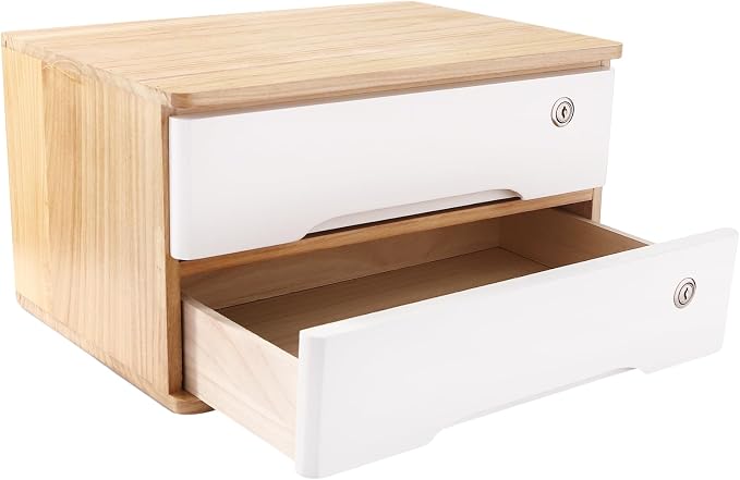 Wooden Desktop Storage Box with Lockable Drawers, Flat File Cabinet Drawer Desktop Storage Box, Countertop Storage Cabinet for Office Home Toiletries Supplies Vanity (natural wood+white, 2 Drawer)