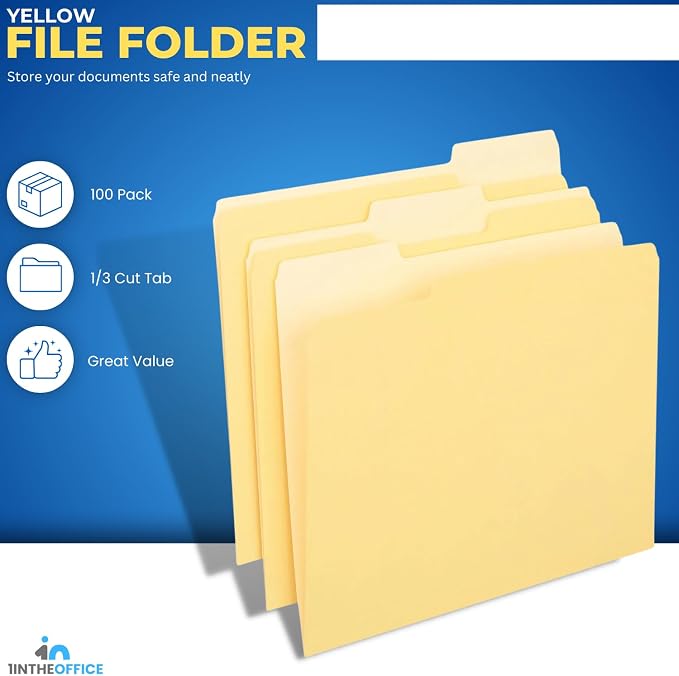 1InTheOffice Yellow Folders, File Folders Letter Size, Filling Folder, Top Tab, 1/3 Cut Assorted Tab, 100 Pack