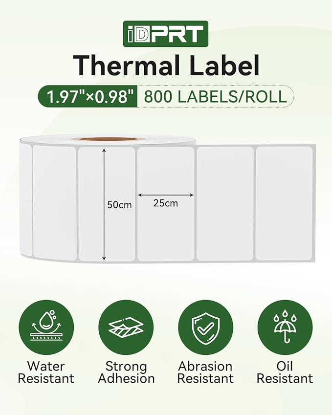 iDPRT 1.97" 0.98" Multi-Purpose Direct Thermal Labels (50mm25mm), Thermal Sticker for Address/Barcode/Mailing, Compatible with iDPRT SP460BT/SP410/SP310/SP320, Rollo, Zebra, Phomemo, etc, 800pcs