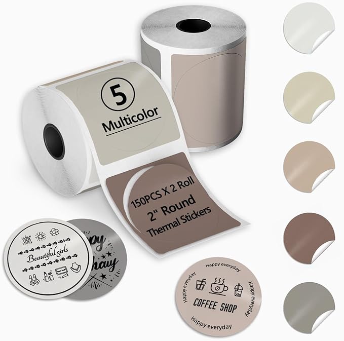 300Pcs 2 Inch Round Thermal Labels for Label Maker, Beige-Brown Series Thermal Stickers for Bakery, Candles, Cafe, 2x150Pcs/ Roll Circle Labels Compatible with PL70E/ PL80E/ Y812/ X1038 Label Printer