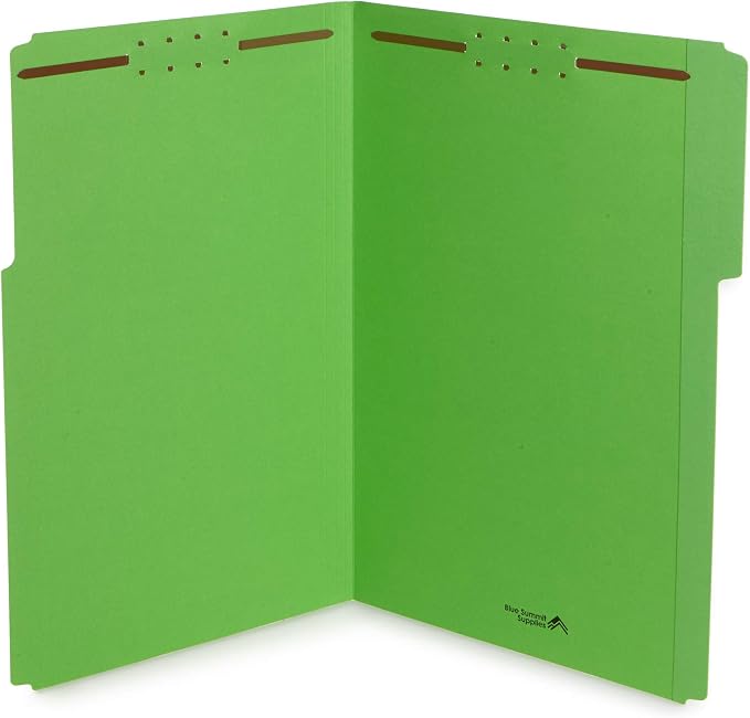 Blue Summit Supplies Green File Folders with Fasteners, Legal Size, 1/3 Cut Reinforced Tabs, Durable 2 Prongs, Designed to Organize Standard Medical or Law Files, 50 Pack