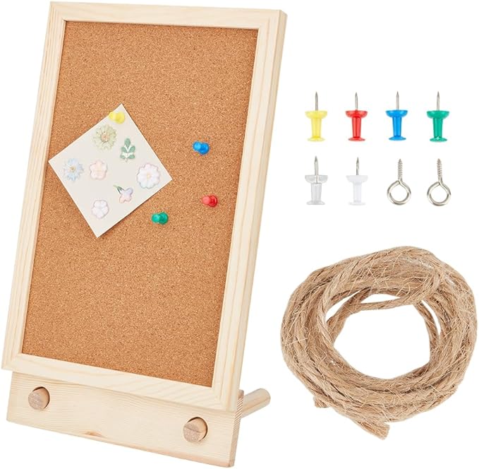 OLYCRAFT Desktop Cork Board with Hemp Rope 2Pcs Wood Sticks 2Pcs Screw Pins and 6Pcs Thumbtacks Cork Bulletin Board Message Picture Board for Home Office Decor DIY Crafts-13.5x7.9x1.2 Inch