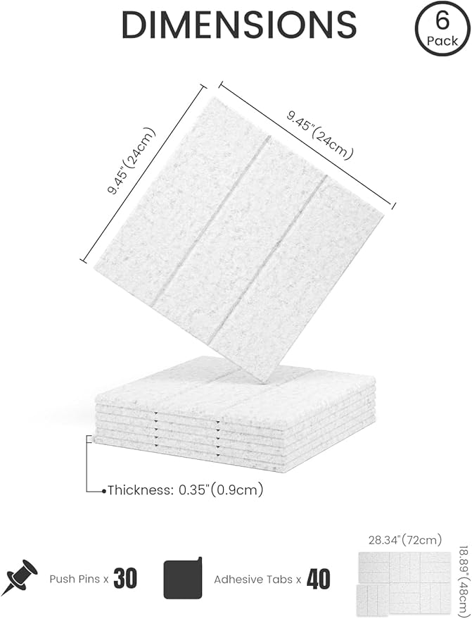 Fluxynara Felt Bulletin Board Tiles -28"x18" with 40 Adhesive Tabs, Cork Board Alternative for Office Decor, Push Pin Board Wall Organizer 6-Pack (Silvery Gray)
