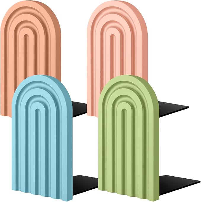 Harloon 4 Pcs Boho Arch Wooden Bookends, Decorative Rainbow Book Stoppers with Non-Slip Metal Base, 5x3x4 Inches, Cute Shelf Decor for Heavy Books, Home Office Study Desk Organizer(Bright Color)