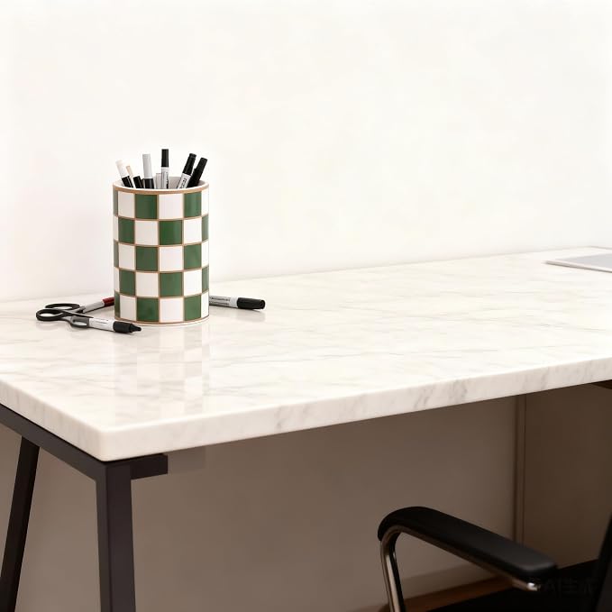 Ceramic Checkered Pen Holder For Desk,Cute Stand Black And White Pencil Cup,Durable Ceramic Pencil Cup, Decorative Makeup Brush Holder Cup, Stationery Holder for Office, School, Home (Green)