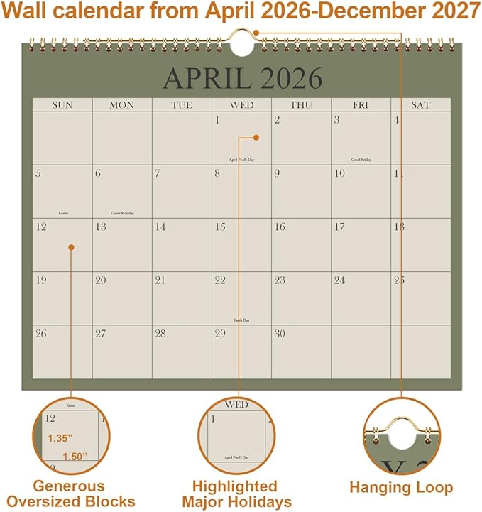2026-2027 Calendar - Wall Calendar 2026-2027 from April 2026 Until December 2027, 21 Months Calendar with Premium Paper, Twin-Wire Binding & Hanging Hook, 8.5" x 11", Green