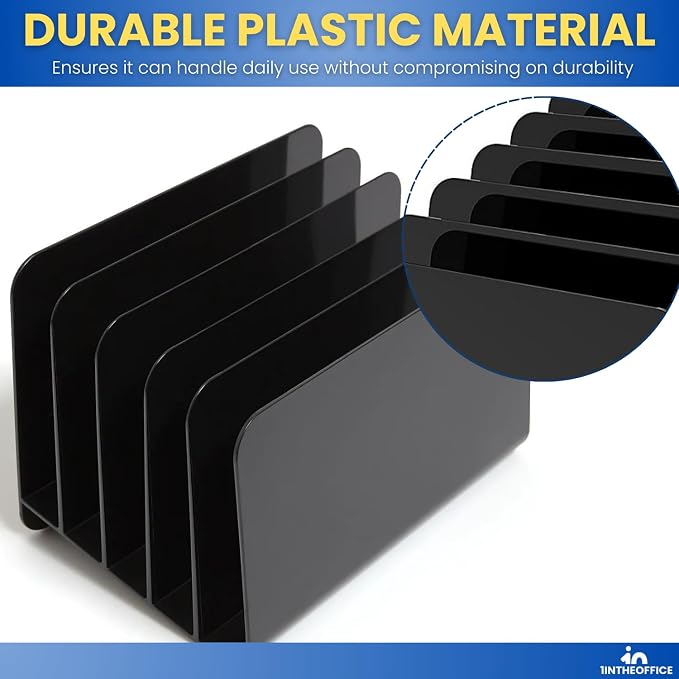 1InTheOffice Inclined Desktop File Organizer, Plastic Desk File Sorter for Documents, Space-Saving, Black, 5 Compartments