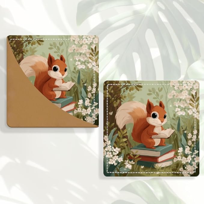 2PCS PU Leather Bookmarks 3.5x3.5 Inch Squirrel Floral Reading Design | PU leather bookmarks with squirrel floral reading design for story books, journals, study notes, young readers and book fans