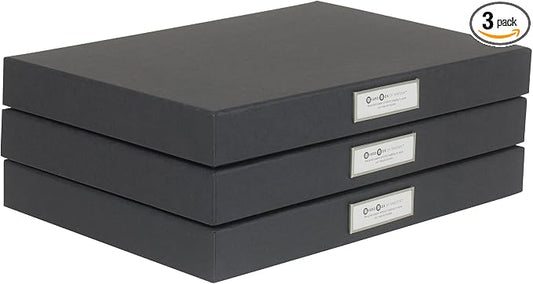 Bigso Sven Fiberboard Classic Hinged Document Box - File Organizer for Important Paperwork - Document Storage Box with Hinged Lid & Label Window - 1.8 in x 13.2 in x 9.3 in - 3 Pack - Dark Grey