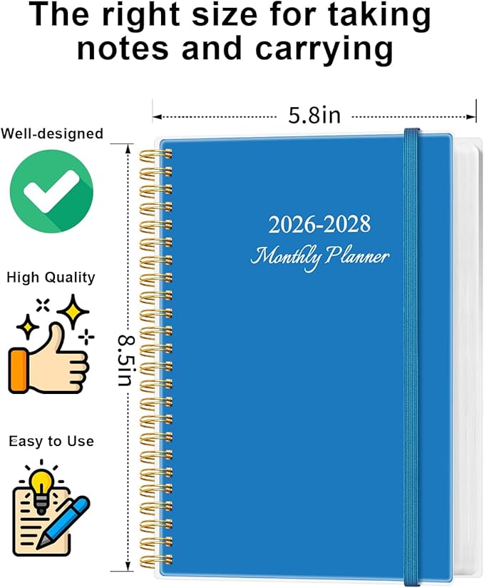 2026-2028 Monthly Planner, 3 Years Calendar from April 2026 - December 2028 with Spiral Binding, Inner Pocket, Elastic Closure, 33 Month Planner for Home | School | Office, 5.8" x 8.5", Blue