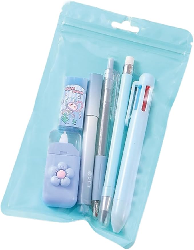 MOZXIRZ 6 Pcs Cute Blue Stationery Set for Women Back to School Supplies Office Supplies Including Gel Ink Pens 6-in-1 Ballpoint Pens Pencil Eraser (Blue)