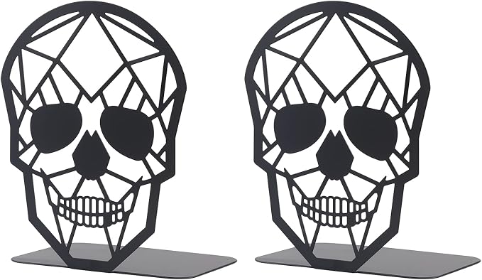 Black Skull Design Bookend Metal Book Ends, Heavy Duty Bookends for Shelves Desk, Skull Book Shelf Holder for Heavy Books, Decorative Desktop Organizer Home Office (1Pair)