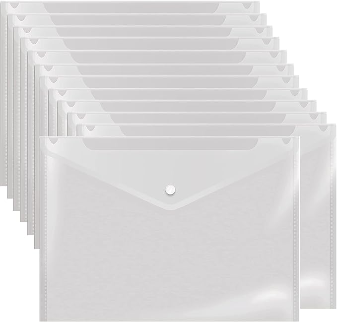 Poly Envelope 12 Pcs Document Envelopes with Snap Button Quality Clear Document Folder for A4 Size (‎Clear)