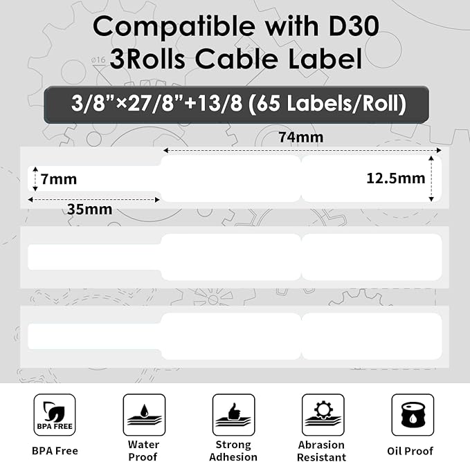 Phomemo D30 Thermal Cable Label Waterproof Wire Cord Labels, (12.5mm X 74mm) 65 Labels/Roll, Tags Stickers Tear Resistant Flexible, Phomemo d30 Label Tape -Black on White Paper, 3 Roll