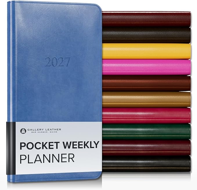 Gallery Leather Pocket Weekly Monthly Planner 2027, Elegantly Bound Calendar Planner and Notebook with Stylish Gold-Gilded Page Edges, 12 Months - Acadia Hydrangea - 6x3.25"