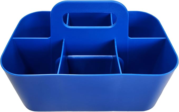 Small Stackable Plastic Caddy with Handle 6 Compartment | Desk, Makeup, Dorm Caddy, Classroom Art Organizers - 4 Pack, Made In USA (Blue)