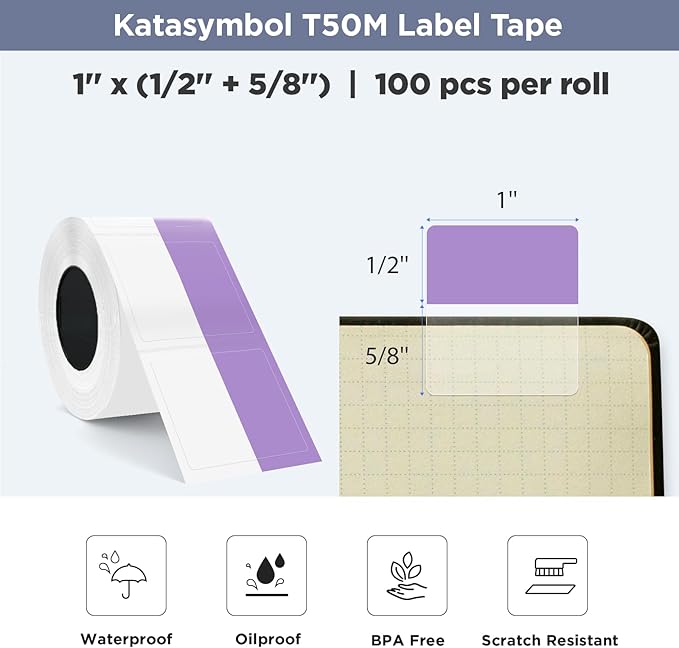 SUPVAN T50M Series Label Maker Thermal File Label, 0.98'' × 0.51'' + 0.59'' (25 × 13 + 15 mm) 100 PCS/Roll Genuine Laminated Waterproof Oilproof Adhesive Auto Detect Labels, Black on Purple