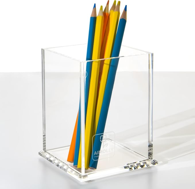 AIMOLLY Clear Acrylic Pencil Pen Holder Cup, Desk Accessories Holder,Makeup Brush Storage Organizer, Modern Design Desktop Stationery Organizer for Office School Home Supplies, 3.1x 3.1x 4.3 inch