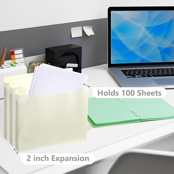 Dunzoom 50 Pack File Jackets Letter Size 2 Inch Beige Expansion Manila Plastic File Folders Expandable Heavy Duty Reinforced Straight Cut Tab Expandable Document Jacket for Office