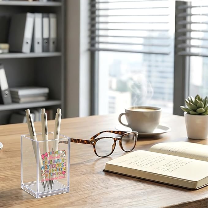 You Are Allowed To Be A Masterpiece Acrylic Pen Holder, Inspirational Gifts for Women Daughter Sister, Self Love Desk Organizer for Friend Student Teacher, Office School Encouragement Decor