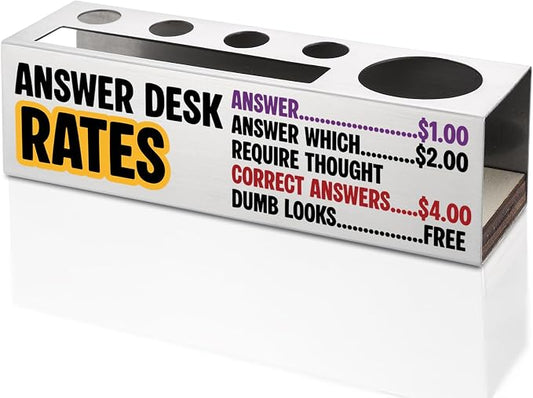 FOKCBOCM Funny Office Pen Holder with Answer Desk Rates Design, Stainless Steel Organizer Gift for Coworker, Sarcastic Workplace Humor Desk Decor, Rule Style Accessory-DS128