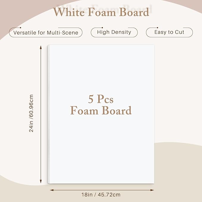 AUEAR, 5 Pack 18x24 White Foam Boards, Foam Core Poster Board for Display, Mounting, Print, Presentation and Projects, 1/8'' Thick
