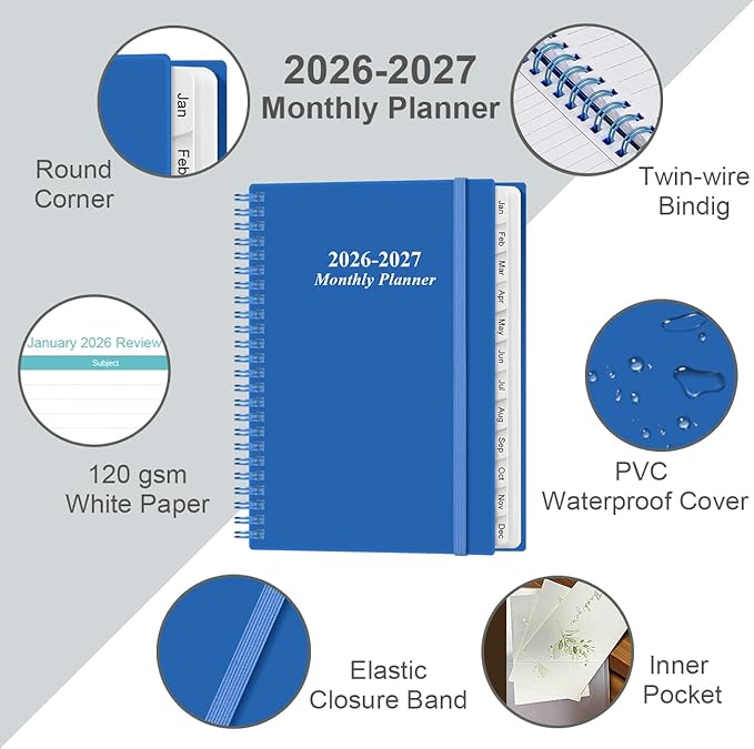 2026-2027 Monthly Planner - January 2026 - June 2027, Two Pages Per Month, 18 Monthly Calendar/Planner with Tabs, Inner Pocket, 6.4" x 8.5", Black