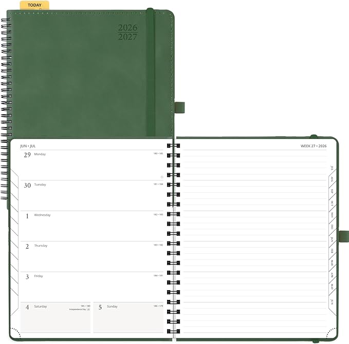 POPRUN Weekly Planner 2026-2027 (July 26-June 27), Large-8.5" x 10.5", Academic Agenda 2026-2027 Calendar Notebook Planner for School, College, Spiral Leather Softcover, 100GSM - Green