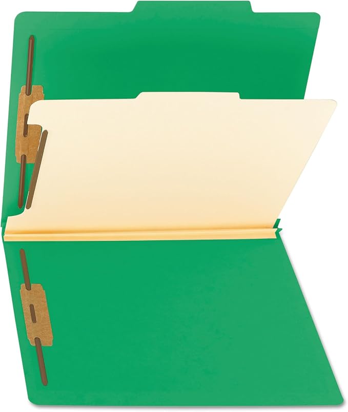 Smead Classification Folder with Prongs, 1 Divider, 2" Fasteners, Letter Size, for Documents Organization, Durable File Organizer for Home, School or Office, Green (13702)