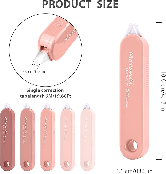 5-Piece Correction Tapes, Aesthetic Cute White Pull Out Tape, Quick Dry, Instant Correct, Easy to Use for School Office Supplies (Pink)