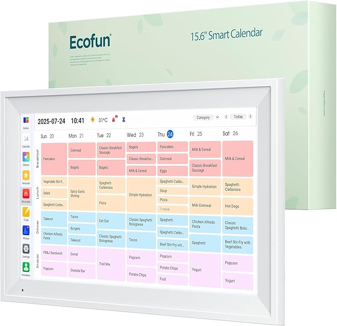 15.6-Inch Smart Digital Calendar & Chore Chart, 1080P Touchscreen Family Planner with Meal Planner & Reward System, Desk & Wall Mountable (White)