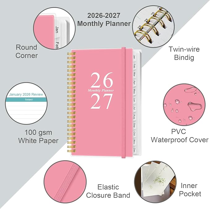 2026-2027 Monthly Planner - January 2026 - June 2027, Two Pages Per Month, 18 Monthly Calendar/Planner with Tabs, Strong Twin-Wire Binding, Inner Pocket, 3.75" x 6.5", Pink