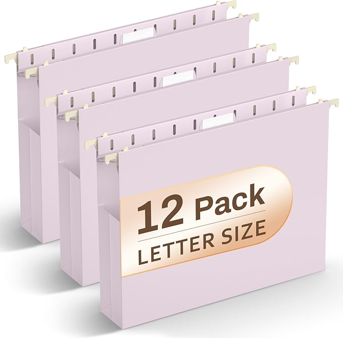 Hanging File Folders Letter Size, 12 Pack File Folders Hanging Folder with 1/5-Cut Tabs, 2" Plastic Filing Folders Hanging, Accordion Pockets for Home Office & Filing Cabinets, 12 Pack, Purple