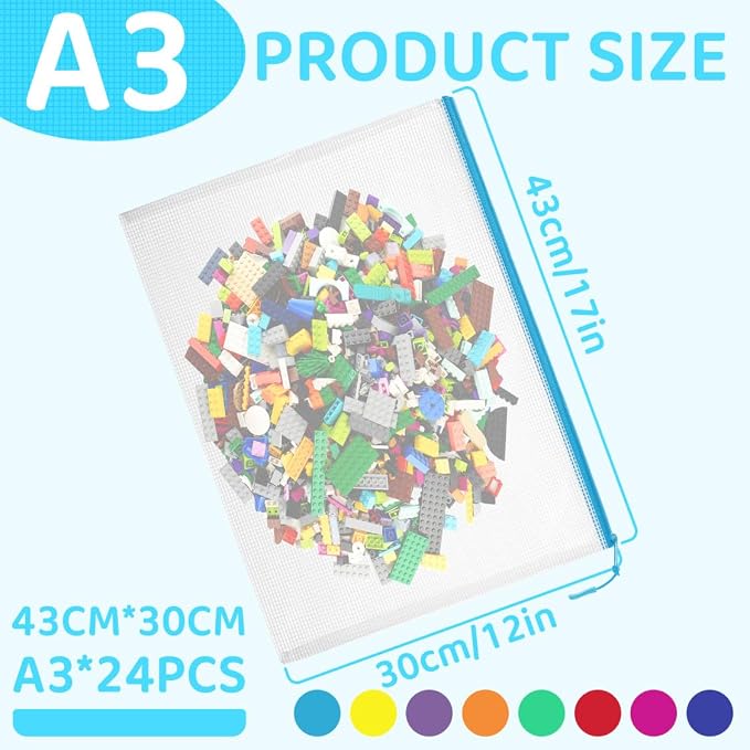 YOPCDJ 24pcs Mesh Zipper Pouch Bags, Large A3 17x12 Inches Reusable Zipper Bags Puzzle Storage 8 Colors Multipurpose for Board Games Travel Office Supplies and Home Organization