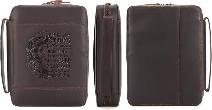 Polare Full Grain Leather Bible Cover Church Bag 10.5x7.75x2.25 inch Carrying Book Case Bible Protective with Handle and YKK Zipper Christian, Religious Gifts for Men Women