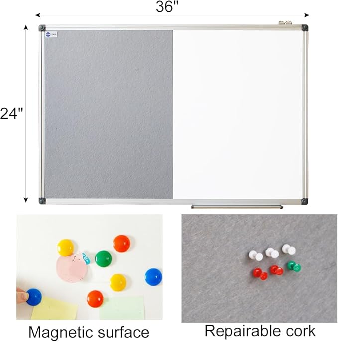 White Board and Cork Board Combo - 36 x 24 Inches Large Dry Erase Whiteboard and Bulletin Board, Magnetic Wall Pin Display Board for Home, Classroom & Office, 24"x36" Grey