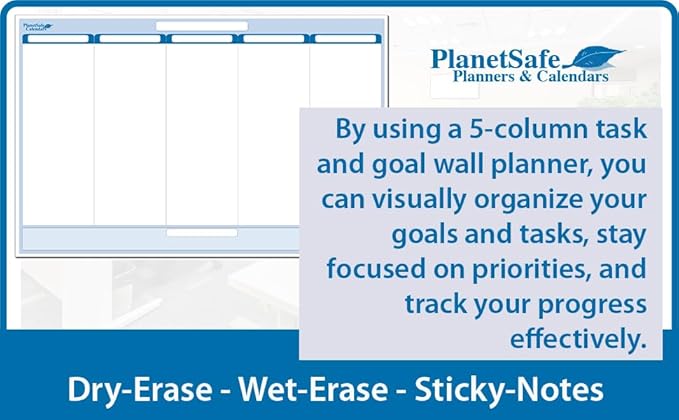 Sky Blue 5-Column Dry-Erasable Task, Goals & Objectives Wall Organizer Planner 32" tall x 48" wide - Horizontal. Complete with Marker and Eraser