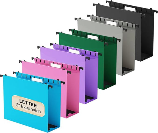 Extra Capacity Hanging File Folder Letter Size,3" Expansion Plastic Hanging File Organizer for Filing Cabinet Folders Office Home,Reinforced Black Heavy Duty Hang Folders with Tabs,12 Pack