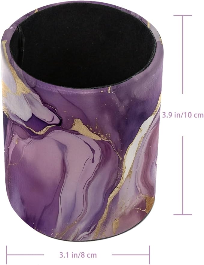 Leather Pen Holder for Desk, Purple Marble Makeup Brushes Holder Pencil Cup Multifunctional Desktop Organizer Caddy for Home School Office Desk Accessories