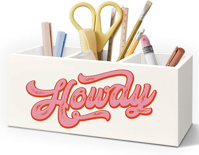 Pink Western Howdy Wooden Pen Pencil Holder for Desk Accessories, Western Office Decor, Cowgirl Gifts for Women Wood Makeup Brush Toothbrush Holder Organizer for Vanity Bathroom