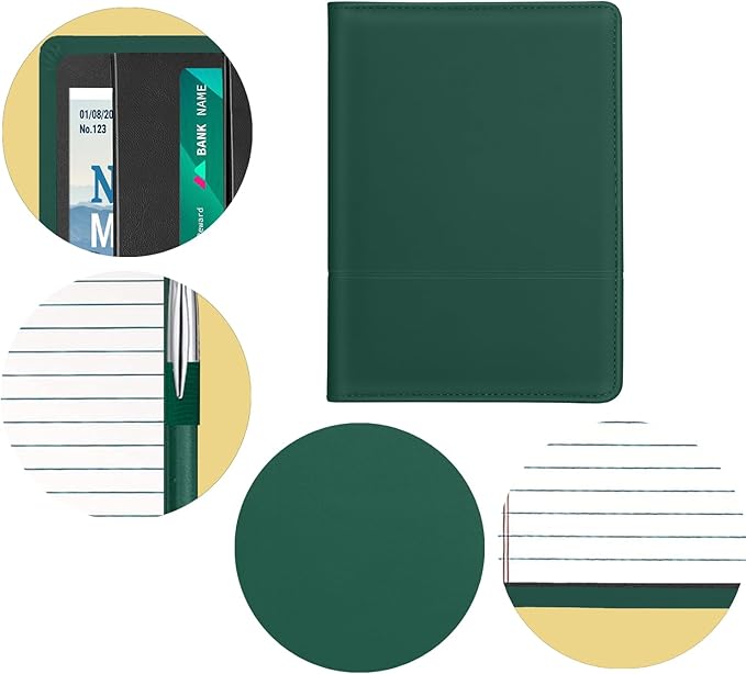 A5 Padfolio Business Portfolio Folder,Junior Size Document Folder Organizer, Padfolio with Interior Pocket and Pen Loop, 5 x 8 Writing Pad Included, Dark Green