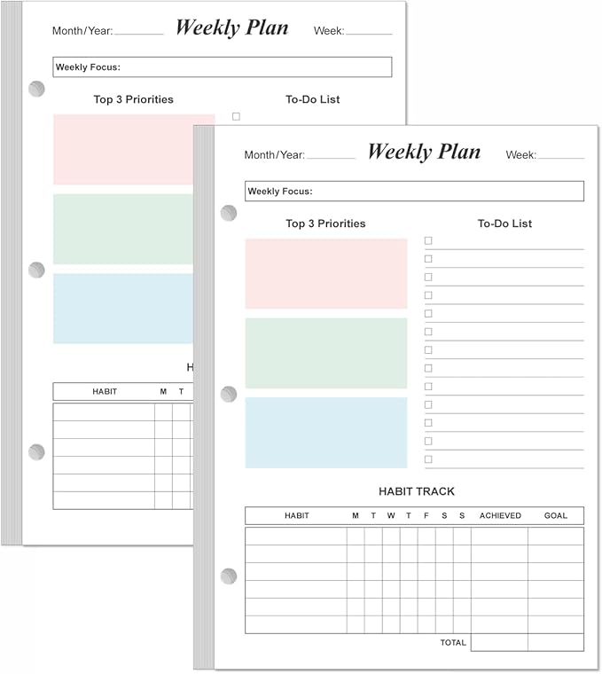 (2-Pack) Half Letter Size Weekly Planner Refills for 3 Ring Mini Binders - 53 Sheets/106 Pages Undated Colorful Weekly Planner, 100 gsm White Paper, Lasts 2 Year, Undated, 5.8" x 8.3"