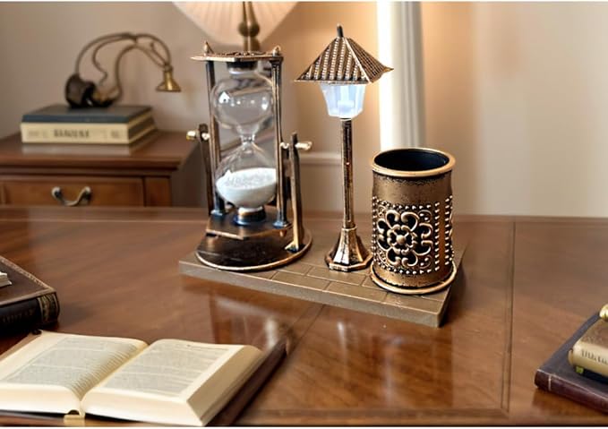 Vintage Style Desk Organizer Set with Hourglass Timer, Decorative Pen Holder, Bronze Finish, pen organizer for desk, vintage office decor, sand timers, desk organizer pen holder
