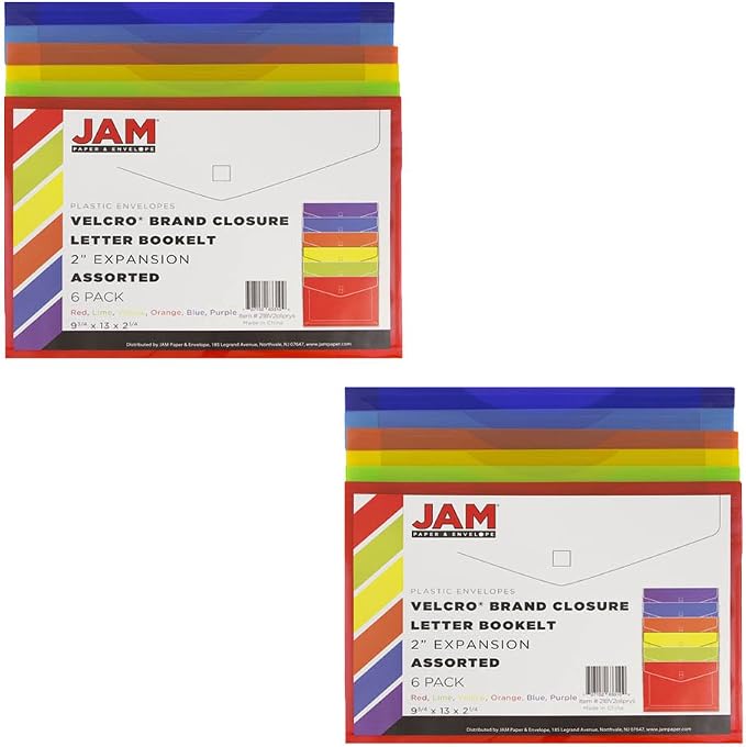 JAM PAPER Plastic Expansion Envelopes with Hook & Loop Closure - Letter Booklet - 9 3/4 x 13 with 2 Inch Expansion - Assorted Colors - 12/Pack