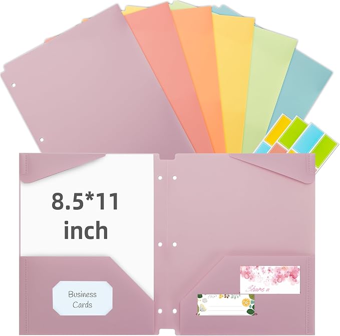Ospelelf Folders with Pockets Waterproof Plastic Pocket Folders for Documents Letter Size 8.5'' x 11'', Fits 3 Ring Binder Holds, 6 Pack
