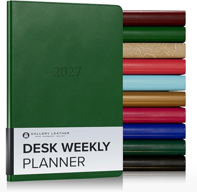 Gallery Leather Desk Weekly Monthly Planner 2027, Elegantly Bound Calendar Planner and Notebook with Stylish Gold-Gilded Page Edges, 12 Months - Monhegan Emerald - 8x5.5"