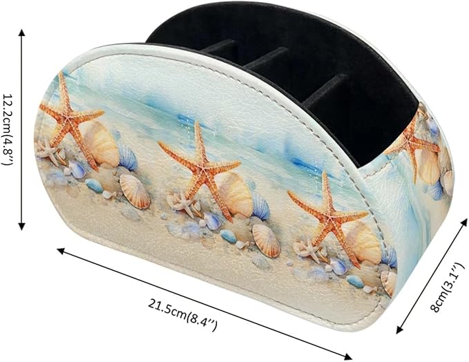 Forchrinse Orange Starfish Print Remote Control Holder,Leather Makeup Organizer with 5 Compartments,Table Decor Storage Remote Caddy for Home Office