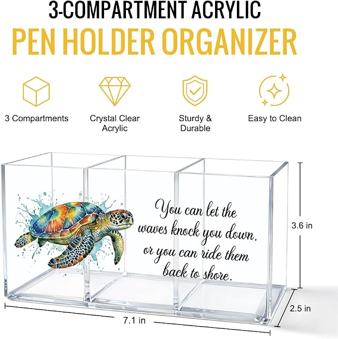 Sea Turtle Acrylic Pen Holder for Desk 3 Compartment, Inspirational Ocean Desk Organizer Decor for Office Home, Back to School Beach Sea Turtle Gifts for Women Men Coworkers Sisters Teachers