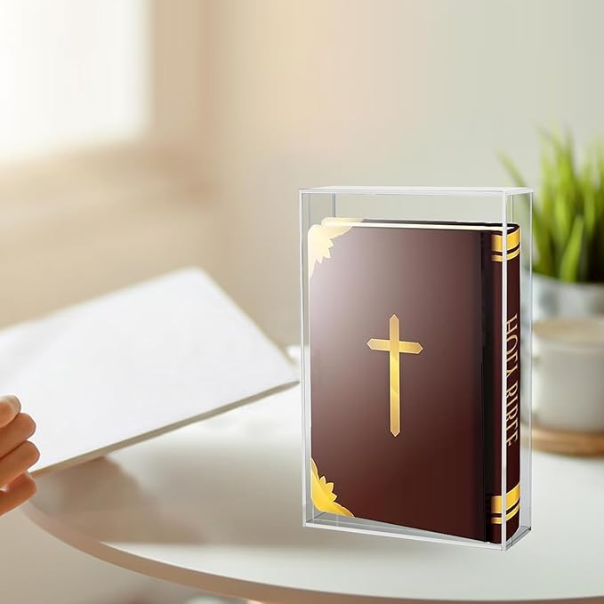 Clear Acrylic Bible Display Case with Adhesive Buckle, 10.2 x 7 x 2.4 Inch Vertical Wall Mounted & Tabletop Use Book Protector for Collectors to Display and Storage Bibles, DVDs
