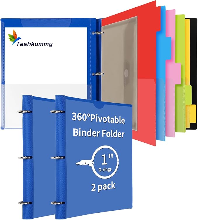 360° Pivotable Project Organizer Binder, 2 Pack Upgraded 3 Ring Binder with Colored Tab Dividers with Pockets, Customizable Cover Multi Pocket Folder Binder for Home, School, Office- Blue